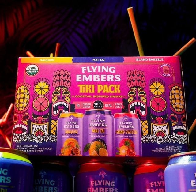The @flyingembers Tiki Pack is available in 2 ready-to-crush pack sizes: the 6-pack with three forbidden cocktail-inspired flavors — Mai Tai, Daiquiri, and Island Swizzle — or the ultimate paradise party starter 12-pack with a bonus flavor…the Zombie!⁠
 
As vivid a voyage as they come, these tropical teleportation devices will transport you to the mesmerizing island landscapes…☠️🍹⁠
⁠
1g Sugar | 10% ABV | Real Fruit Juice⁠